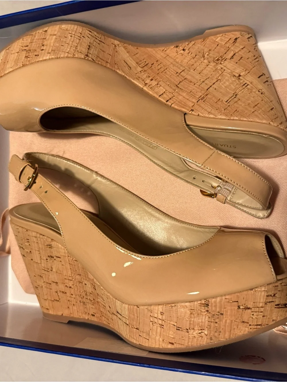 Stuart Weitzman Beige Patent Cork Wedge Slingbacks NIB Size 7.5 - Picture 8 of 9